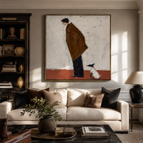 Small Dog Holds Attention – Brown Figure Greeting Dog painting by Hannah Brooks, minimalist figurative square wall art – styled room scene view 5