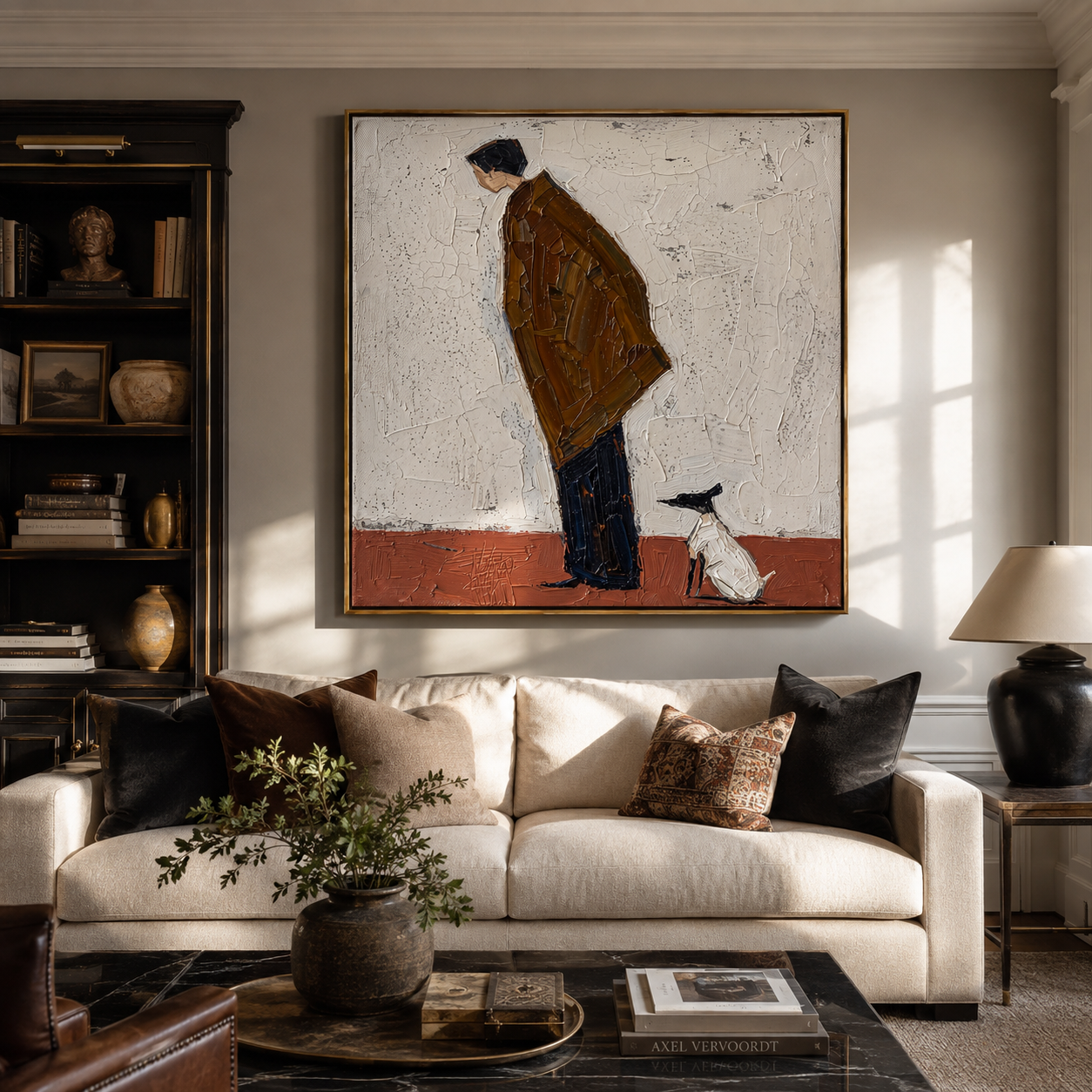 Small Dog Holds Attention – Brown Figure Greeting Dog painting by Hannah Brooks, minimalist figurative square wall art – styled room scene view 5