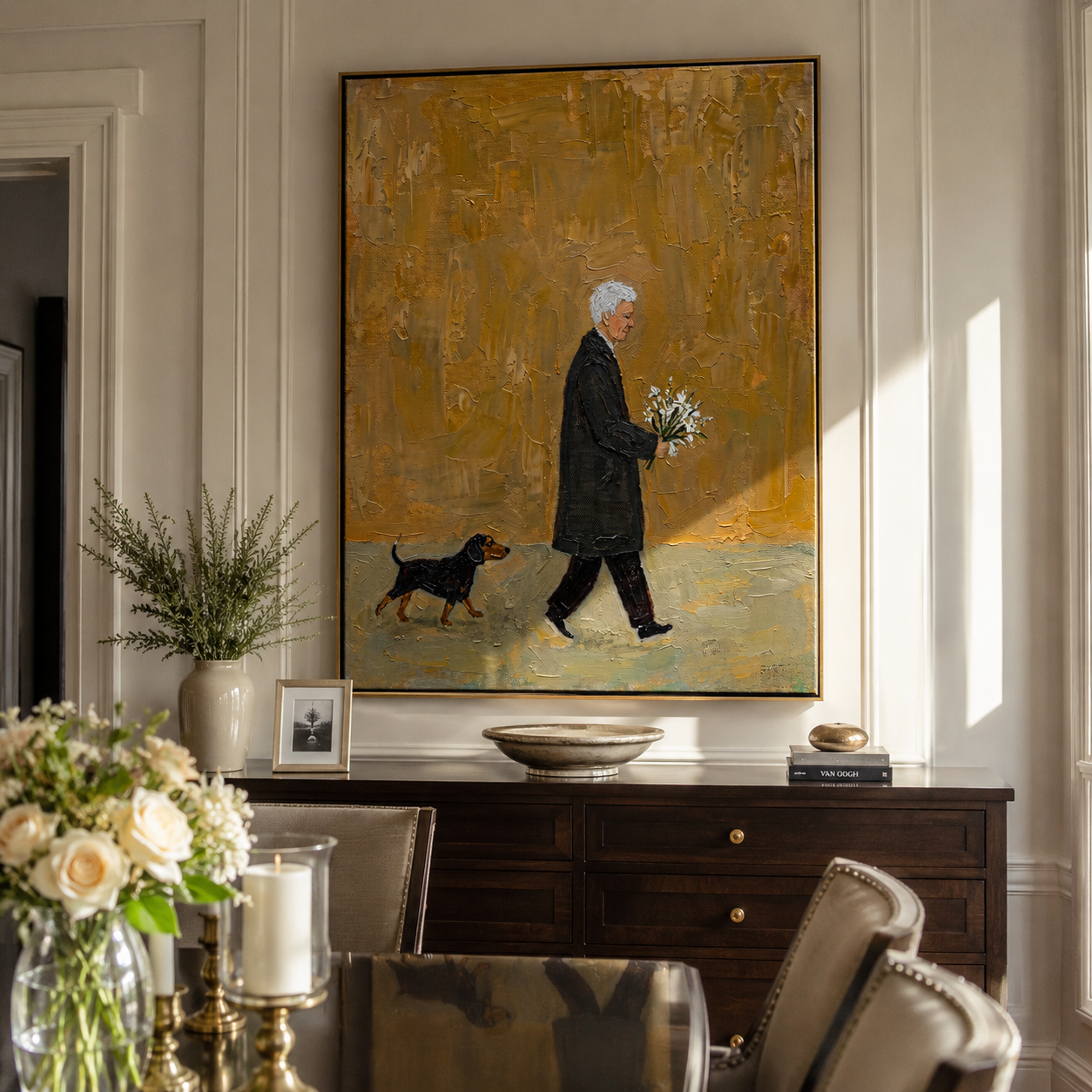 Ochre Evening Carries Flowers – Ochre Flower Bearer and Dog painting by Hannah Brooks, minimalist figurative vertical wall art – styled room scene view 1