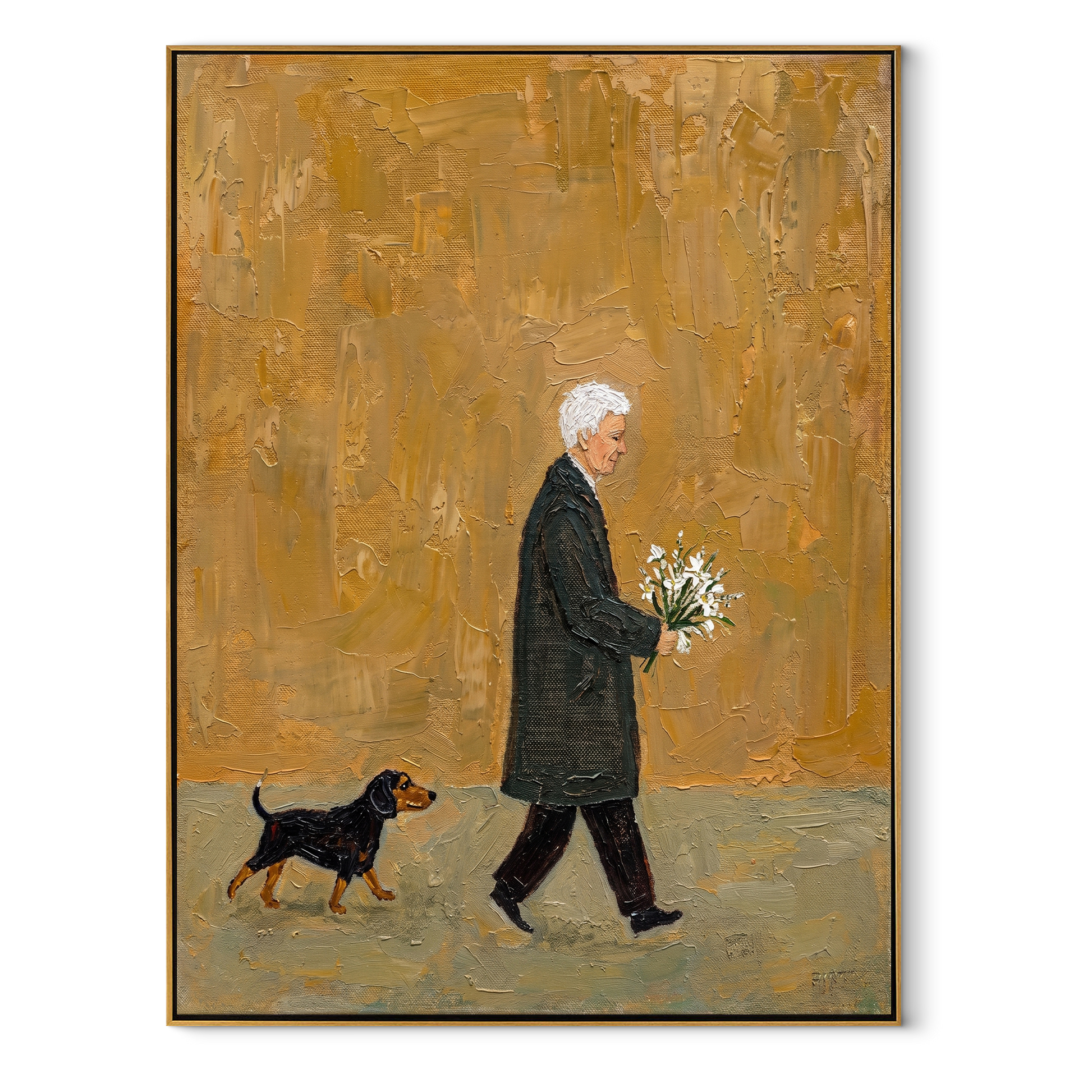 Ochre Evening Carries Flowers – Ochre Flower Bearer and Dog painting by Hannah Brooks, minimalist figurative vertical wall art – wood frame on white background