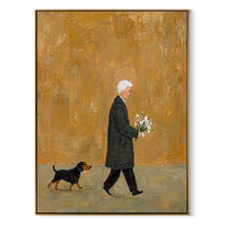 Ochre Evening Carries Flowers – Ochre Flower Bearer and Dog painting by Hannah Brooks, minimalist figurative vertical wall art – wood frame on white background