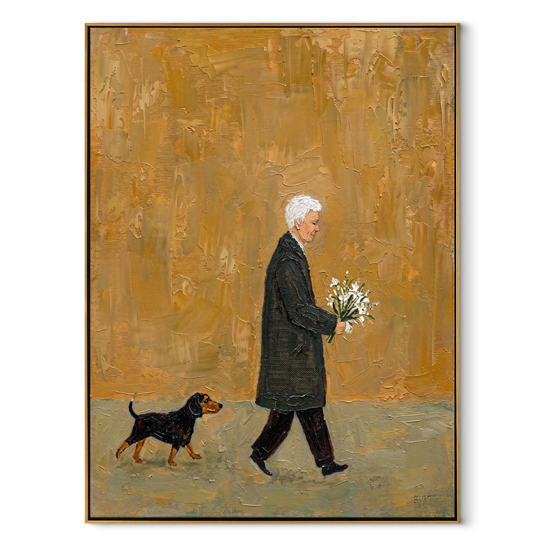 Ochre Evening Carries Flowers – Ochre Flower Bearer and Dog Painting | Minimalist Figurative Vertical Wall Art