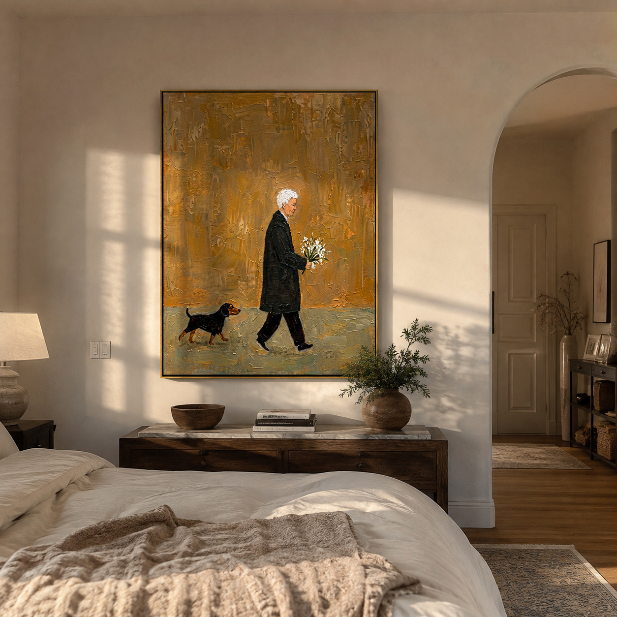 Ochre Evening Carries Flowers – Ochre Flower Bearer and Dog painting by Hannah Brooks, minimalist figurative vertical wall art – styled room scene view 2