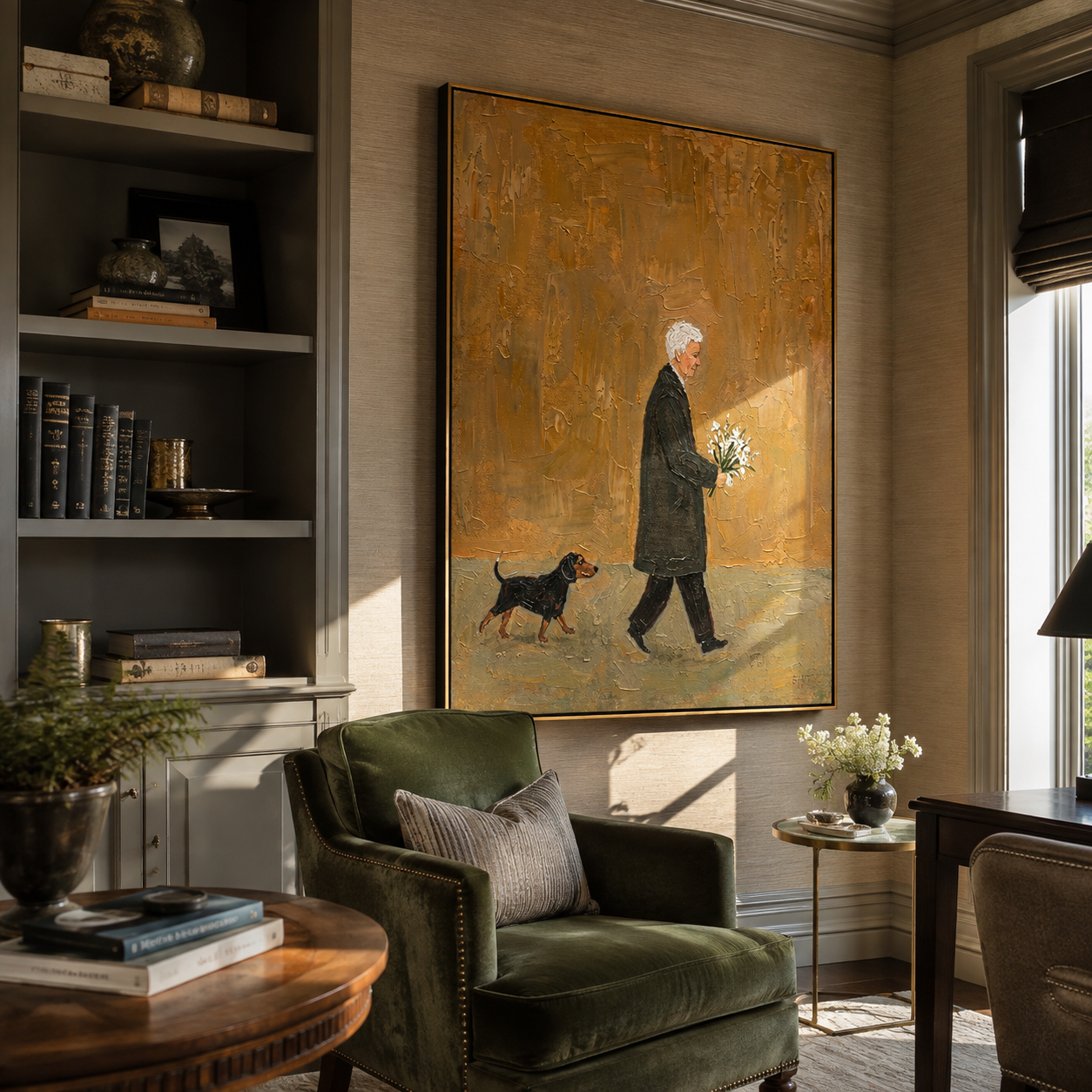 Ochre Evening Carries Flowers – Ochre Flower Bearer and Dog painting by Hannah Brooks, minimalist figurative vertical wall art – styled room scene view 3