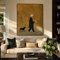 Ochre Evening Carries Flowers – Ochre Flower Bearer and Dog painting by Hannah Brooks, minimalist figurative vertical wall art – styled room scene view 5