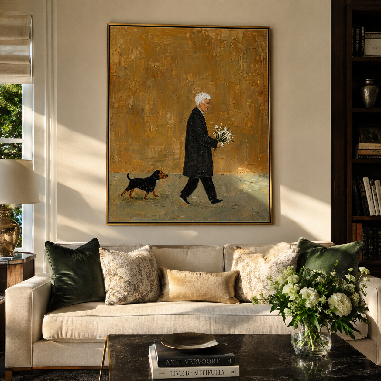 Ochre Evening Carries Flowers – Ochre Flower Bearer and Dog painting by Hannah Brooks, minimalist figurative vertical wall art – styled room scene view 5