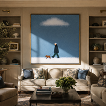 White Cloud Keeps Watch – Blue Sky Dog Walk painting by Hannah Brooks, minimalist figurative square wall art – styled room scene view 1