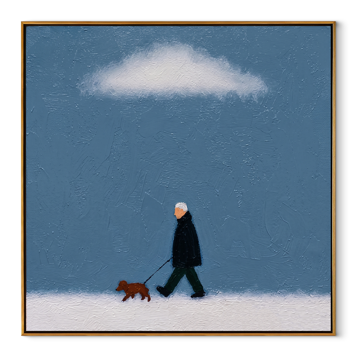 White Cloud Keeps Watch – Blue Sky Dog Walk painting by Hannah Brooks, minimalist figurative square wall art – wood frame on white background