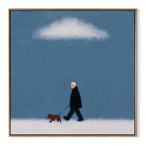White Cloud Keeps Watch – Blue Sky Dog Walk painting by Hannah Brooks, minimalist figurative square wall art – wood frame on white background