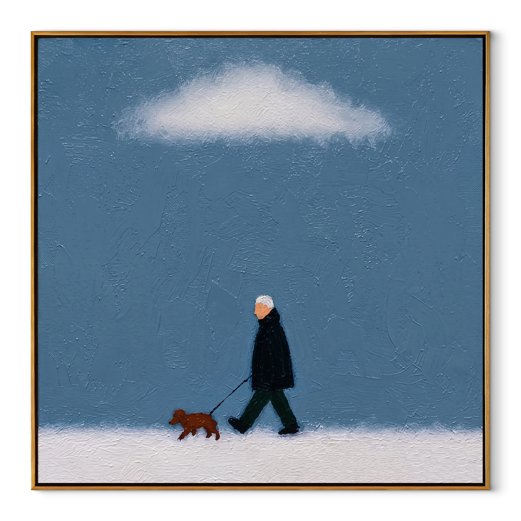 White Cloud Keeps Watch – Blue Sky Dog Walk painting by Hannah Brooks, minimalist figurative square wall art – wood frame on white background