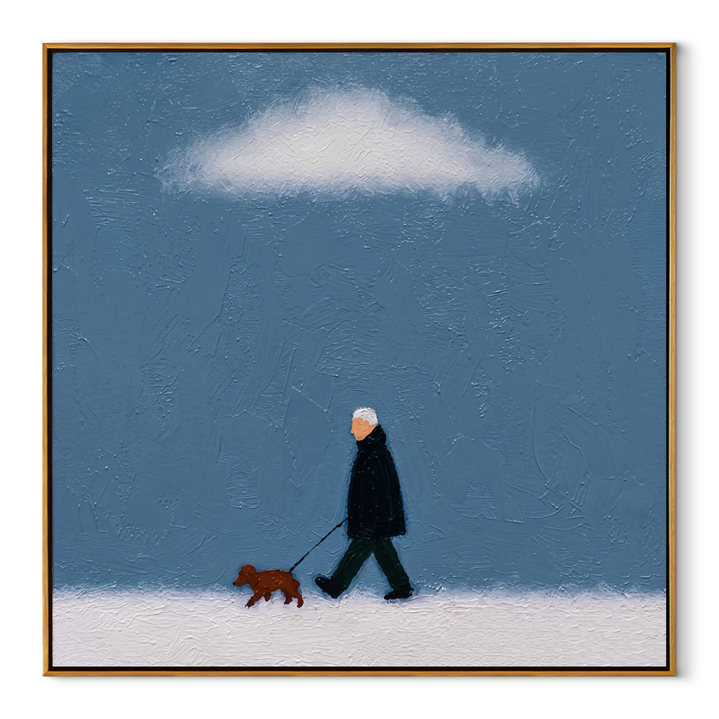 White Cloud Keeps Watch – Blue Sky Dog Walk Painting | Minimalist Figurative Square Wall Art