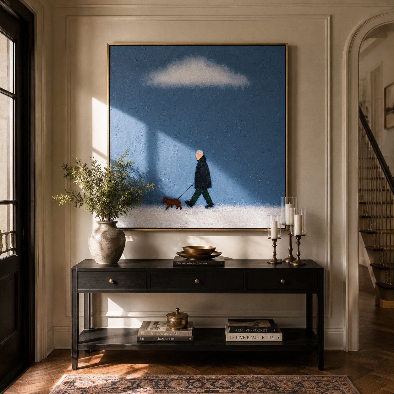 White Cloud Keeps Watch – Blue Sky Dog Walk painting by Hannah Brooks, minimalist figurative square wall art – styled room scene view 2