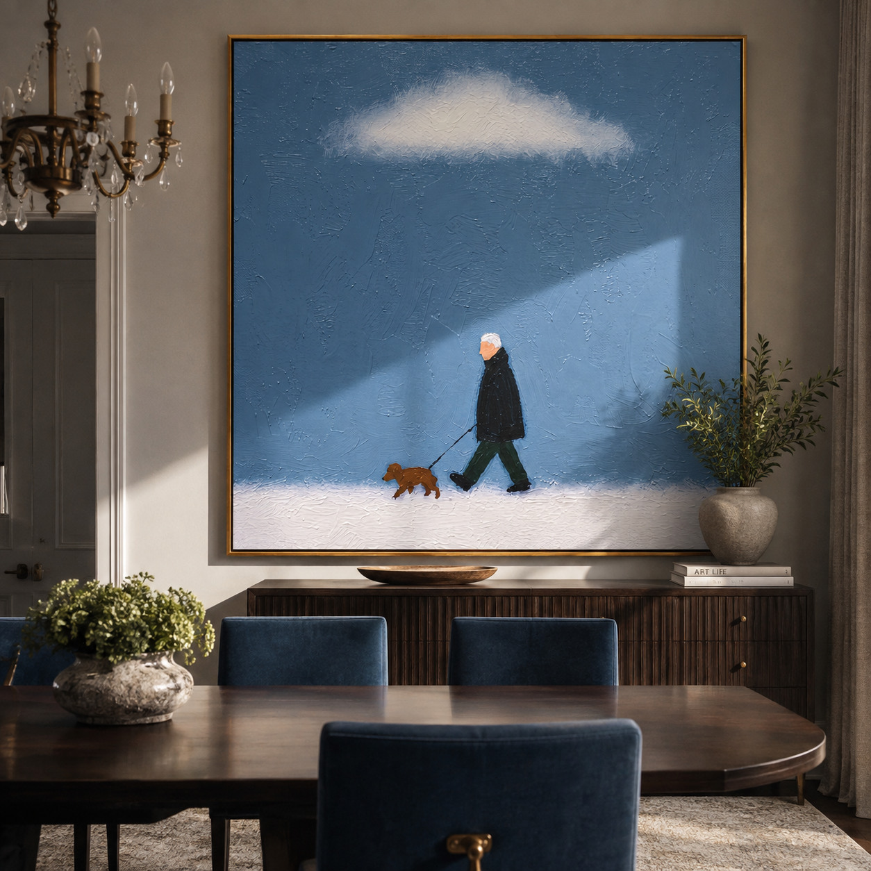 White Cloud Keeps Watch – Blue Sky Dog Walk painting by Hannah Brooks, minimalist figurative square wall art – styled room scene view 3