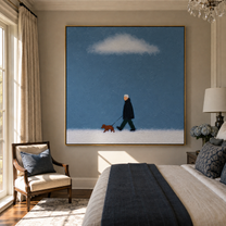 White Cloud Keeps Watch – Blue Sky Dog Walk painting by Hannah Brooks, minimalist figurative square wall art – styled room scene view 4