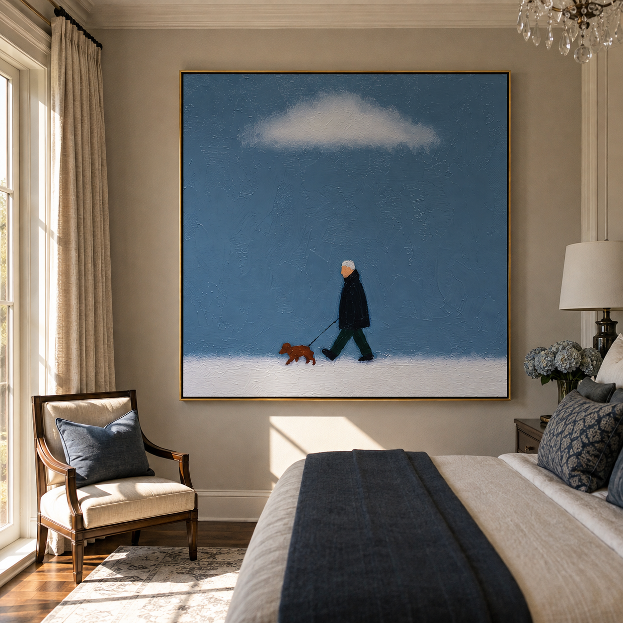 White Cloud Keeps Watch – Blue Sky Dog Walk painting by Hannah Brooks, minimalist figurative square wall art – styled room scene view 4