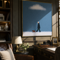 White Cloud Keeps Watch – Blue Sky Dog Walk painting by Hannah Brooks, minimalist figurative square wall art – styled room scene view 5