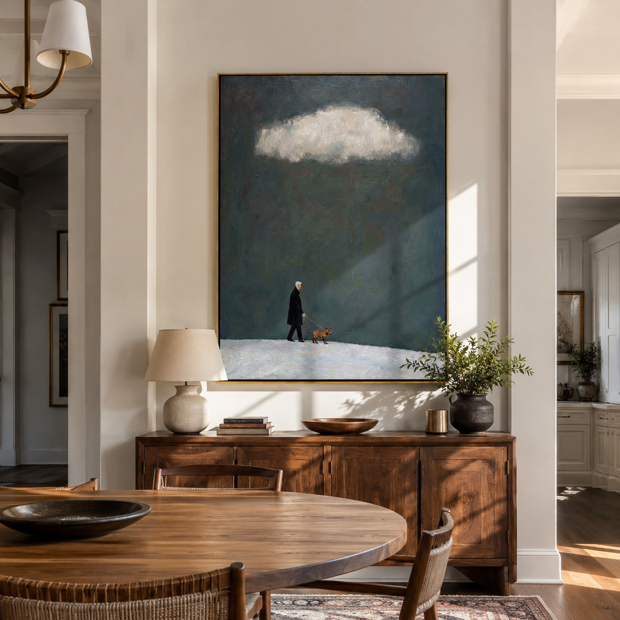 Cloud Light Finds Them – Dark Sky Red Dog Walk painting by Hannah Brooks, minimalist figurative vertical wall art – styled room scene view 1