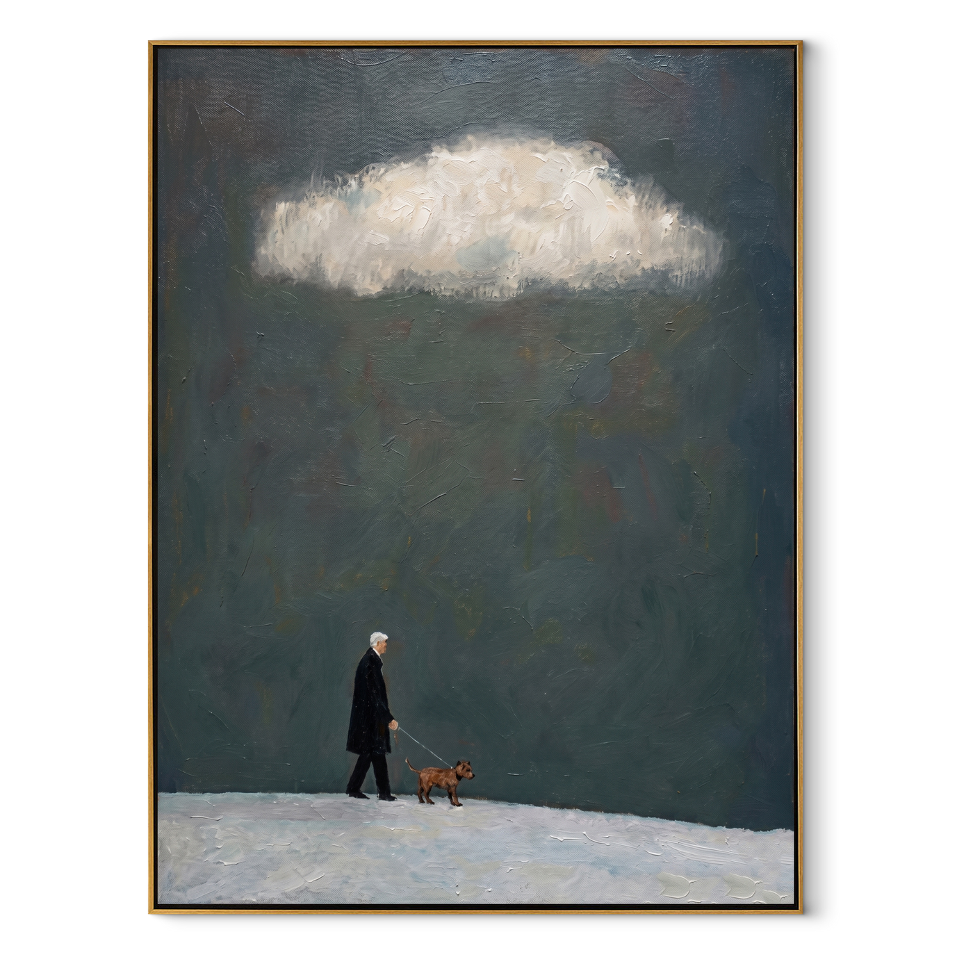 Cloud Light Finds Them – Dark Sky Red Dog Walk painting by Hannah Brooks, minimalist figurative vertical wall art – wood frame on white background