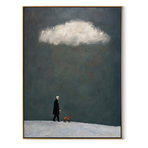 Cloud Light Finds Them – Dark Sky Red Dog Walk painting by Hannah Brooks, minimalist figurative vertical wall art – wood frame on white background