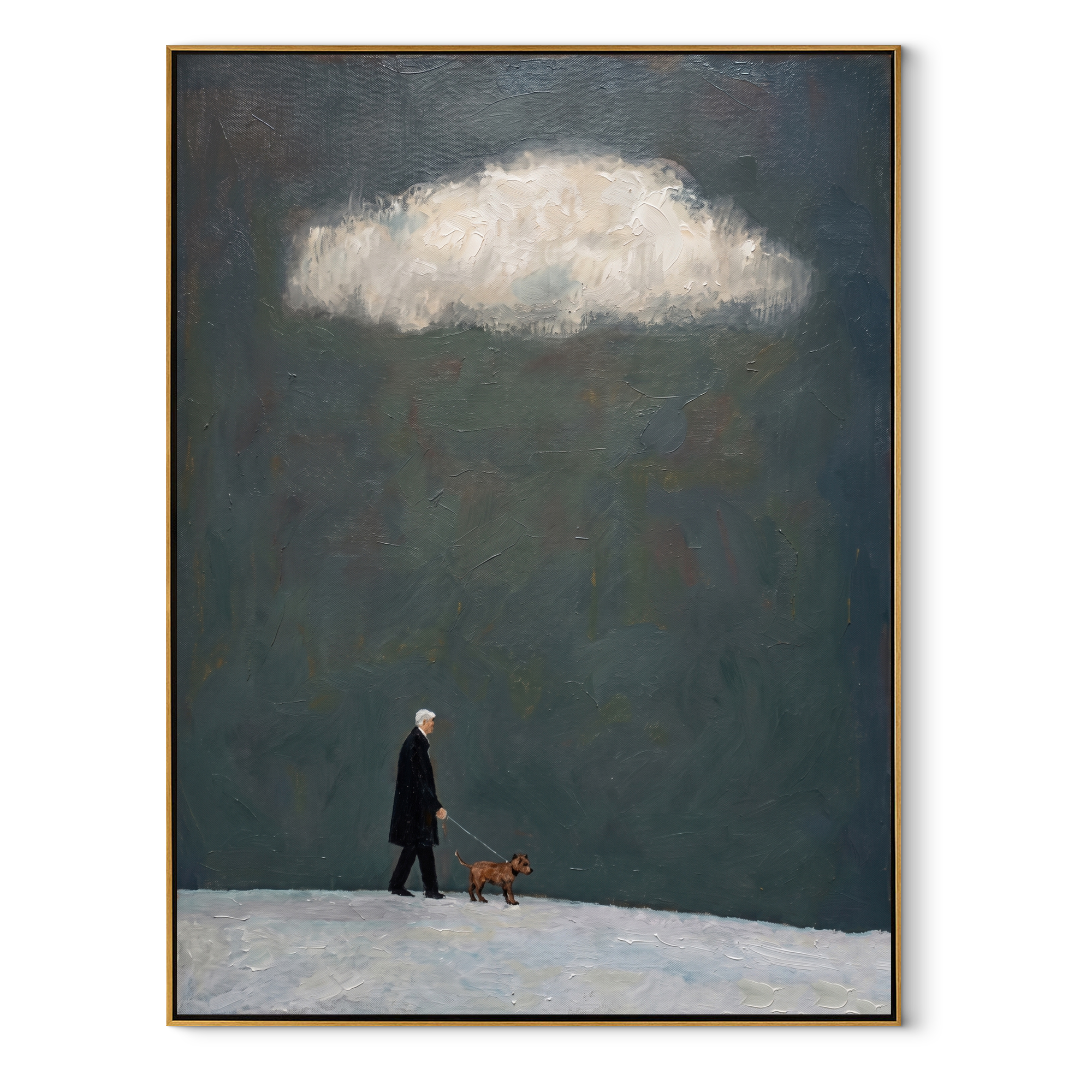 Cloud Light Finds Them – Dark Sky Red Dog Walk painting by Hannah Brooks, minimalist figurative vertical wall art – wood frame on white background