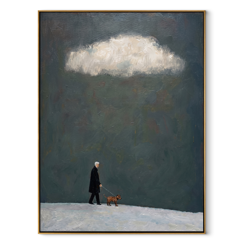 Cloud Light Finds Them – Dark Sky Red Dog Walk Painting | Minimalist Figurative Vertical Wall Art