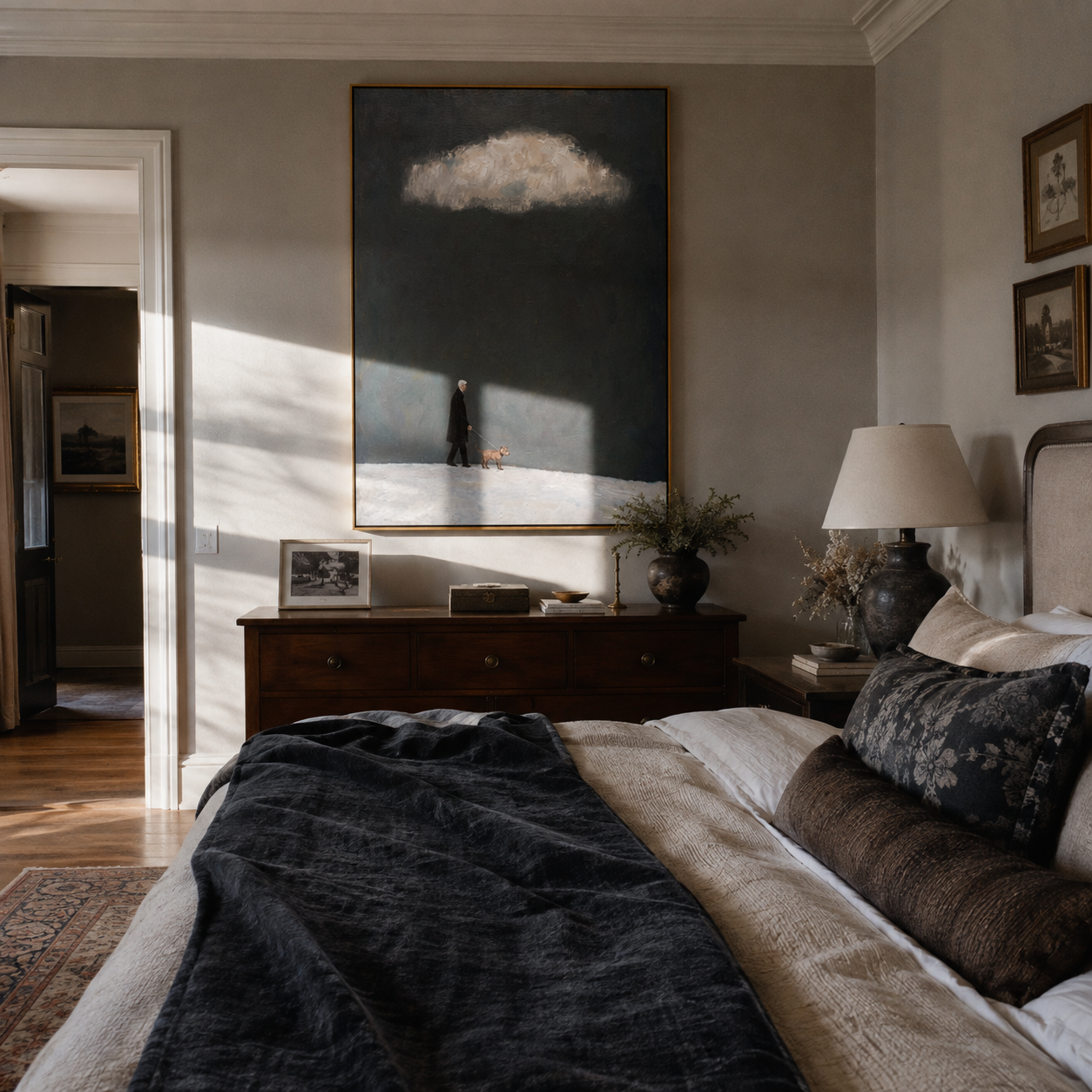 Cloud Light Finds Them – Dark Sky Red Dog Walk painting by Hannah Brooks, minimalist figurative vertical wall art – styled room scene view 2