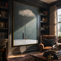 Cloud Light Finds Them – Dark Sky Red Dog Walk painting by Hannah Brooks, minimalist figurative vertical wall art – styled room scene view 3