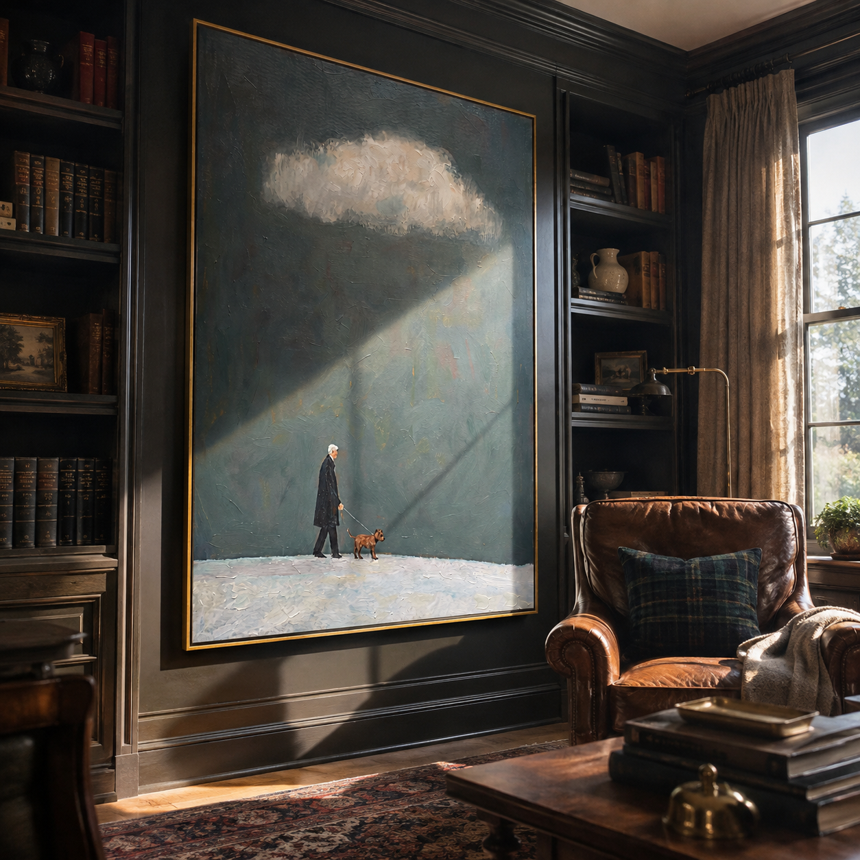 Cloud Light Finds Them – Dark Sky Red Dog Walk painting by Hannah Brooks, minimalist figurative vertical wall art – styled room scene view 3