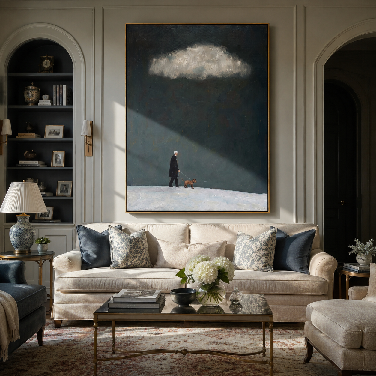 Cloud Light Finds Them – Dark Sky Red Dog Walk painting by Hannah Brooks, minimalist figurative vertical wall art – styled room scene view 4