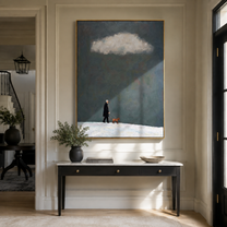 Cloud Light Finds Them – Dark Sky Red Dog Walk painting by Hannah Brooks, minimalist figurative vertical wall art – styled room scene view 5