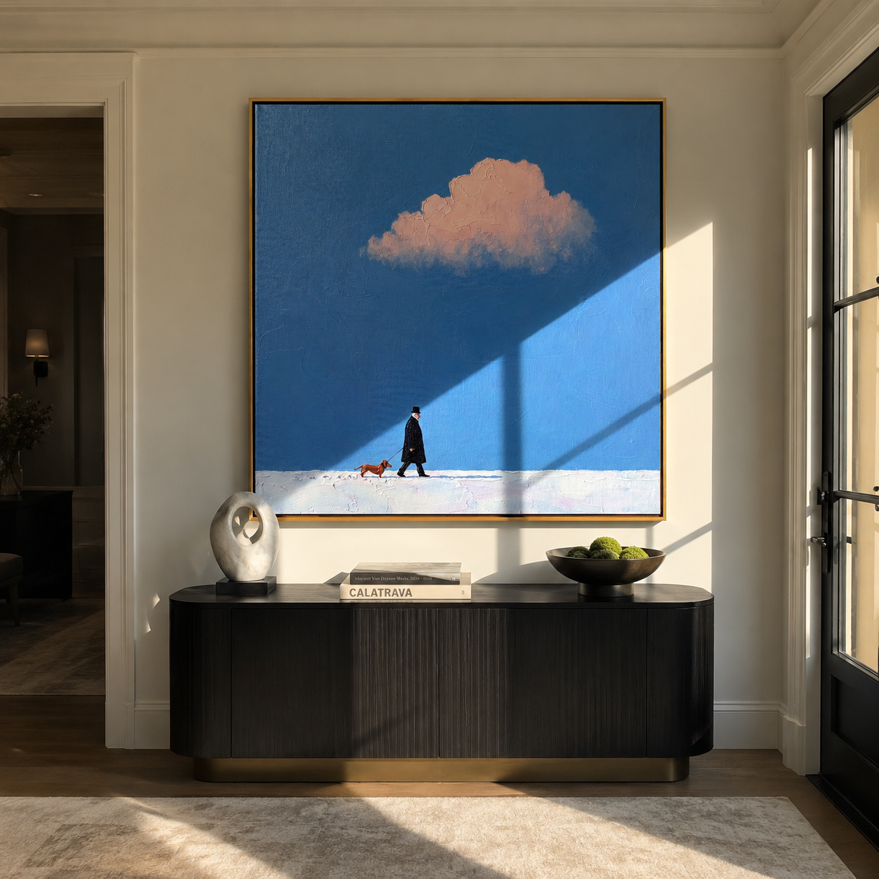 Pink Weather Walks – Pink Cloud Red Dog Walk painting by Hannah Brooks, minimalist figurative square wall art – styled room scene view 1