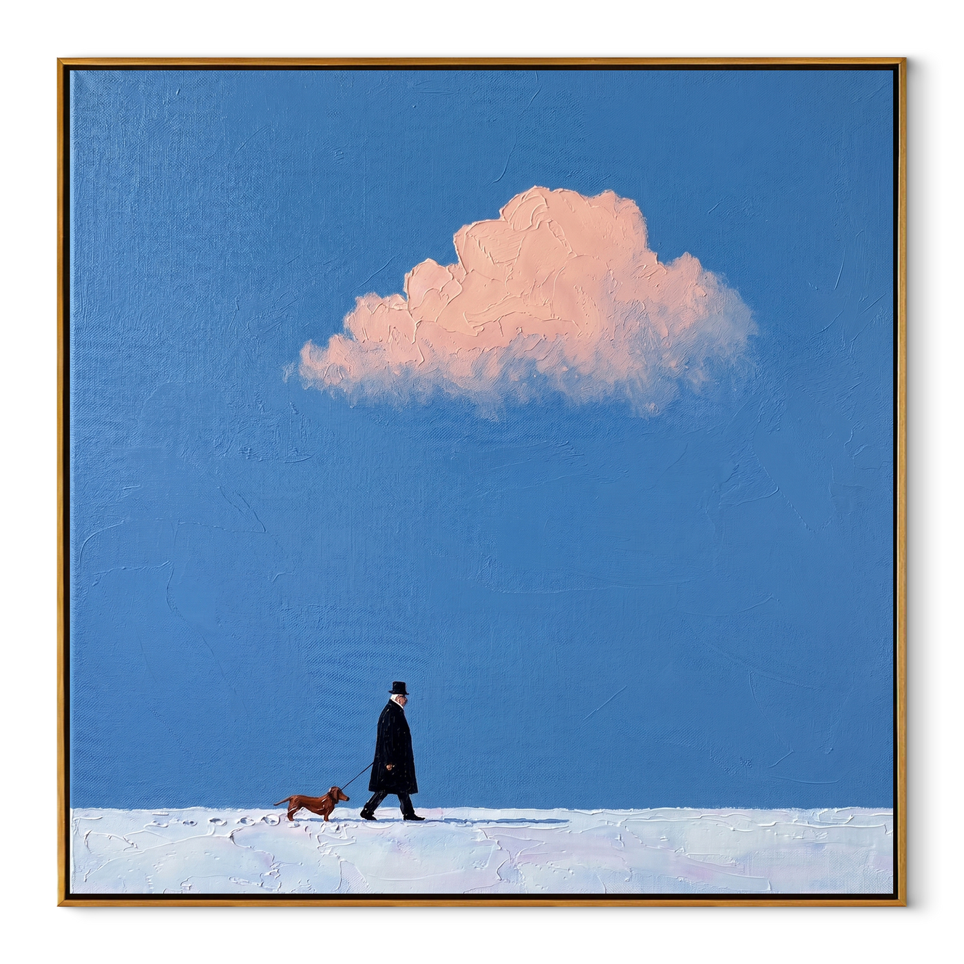 Pink Weather Walks – Pink Cloud Red Dog Walk painting by Hannah Brooks, minimalist figurative square wall art – wood frame on white background