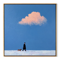 Pink Weather Walks – Pink Cloud Red Dog Walk painting by Hannah Brooks, minimalist figurative square wall art – wood frame on white background