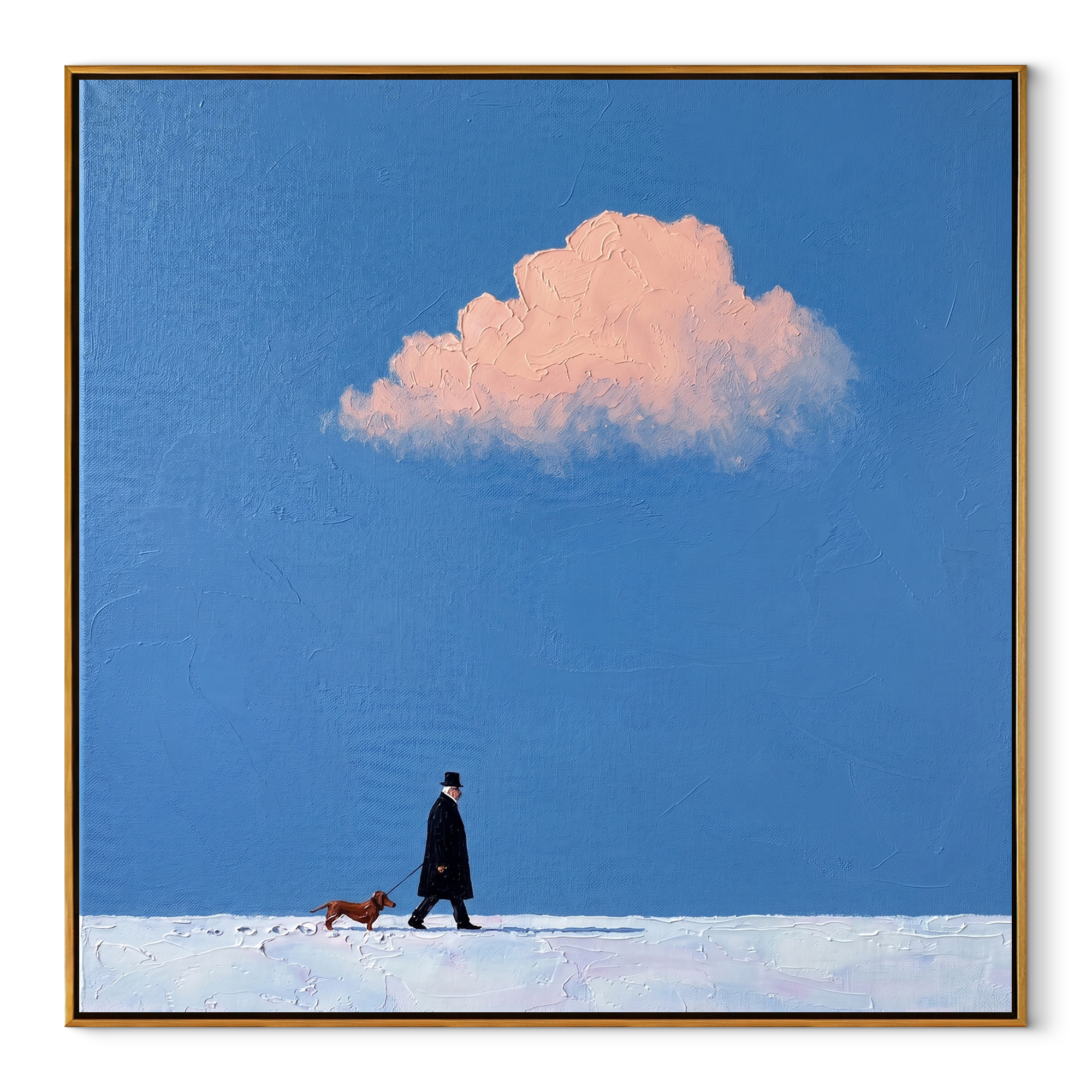 Pink Weather Walks – Pink Cloud Red Dog Walk painting by Hannah Brooks, minimalist figurative square wall art – wood frame on white background