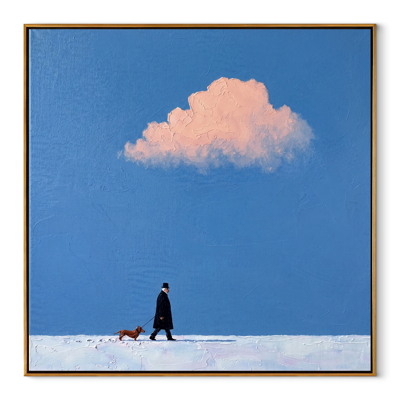 Pink Weather Walks – Pink Cloud Red Dog Walk Painting | Minimalist Figurative Square Wall Art
