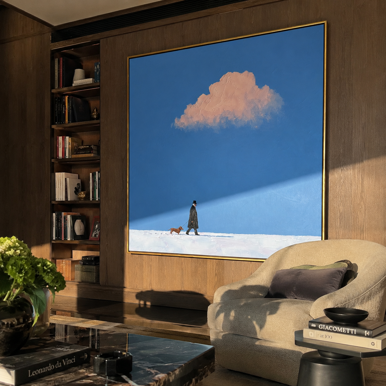 Pink Weather Walks – Pink Cloud Red Dog Walk painting by Hannah Brooks, minimalist figurative square wall art – styled room scene view 2