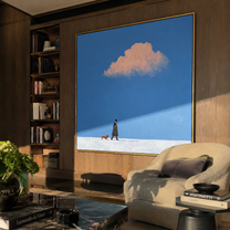 Pink Weather Walks – Pink Cloud Red Dog Walk painting by Hannah Brooks, minimalist figurative square wall art – styled room scene view 2