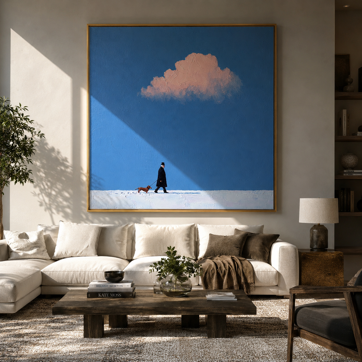 Pink Weather Walks – Pink Cloud Red Dog Walk painting by Hannah Brooks, minimalist figurative square wall art – styled room scene view 3
