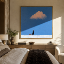 Pink Weather Walks – Pink Cloud Red Dog Walk painting by Hannah Brooks, minimalist figurative square wall art – styled room scene view 4