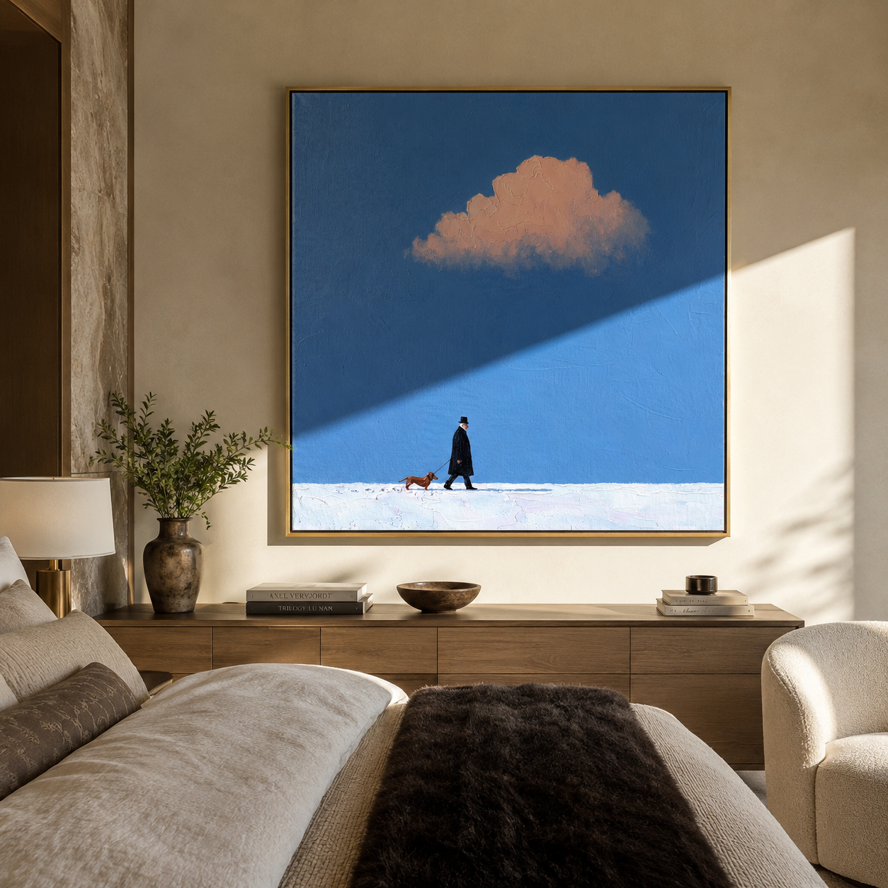 Pink Weather Walks – Pink Cloud Red Dog Walk painting by Hannah Brooks, minimalist figurative square wall art – styled room scene view 4
