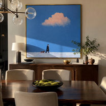 Pink Weather Walks – Pink Cloud Red Dog Walk painting by Hannah Brooks, minimalist figurative square wall art – styled room scene view 5