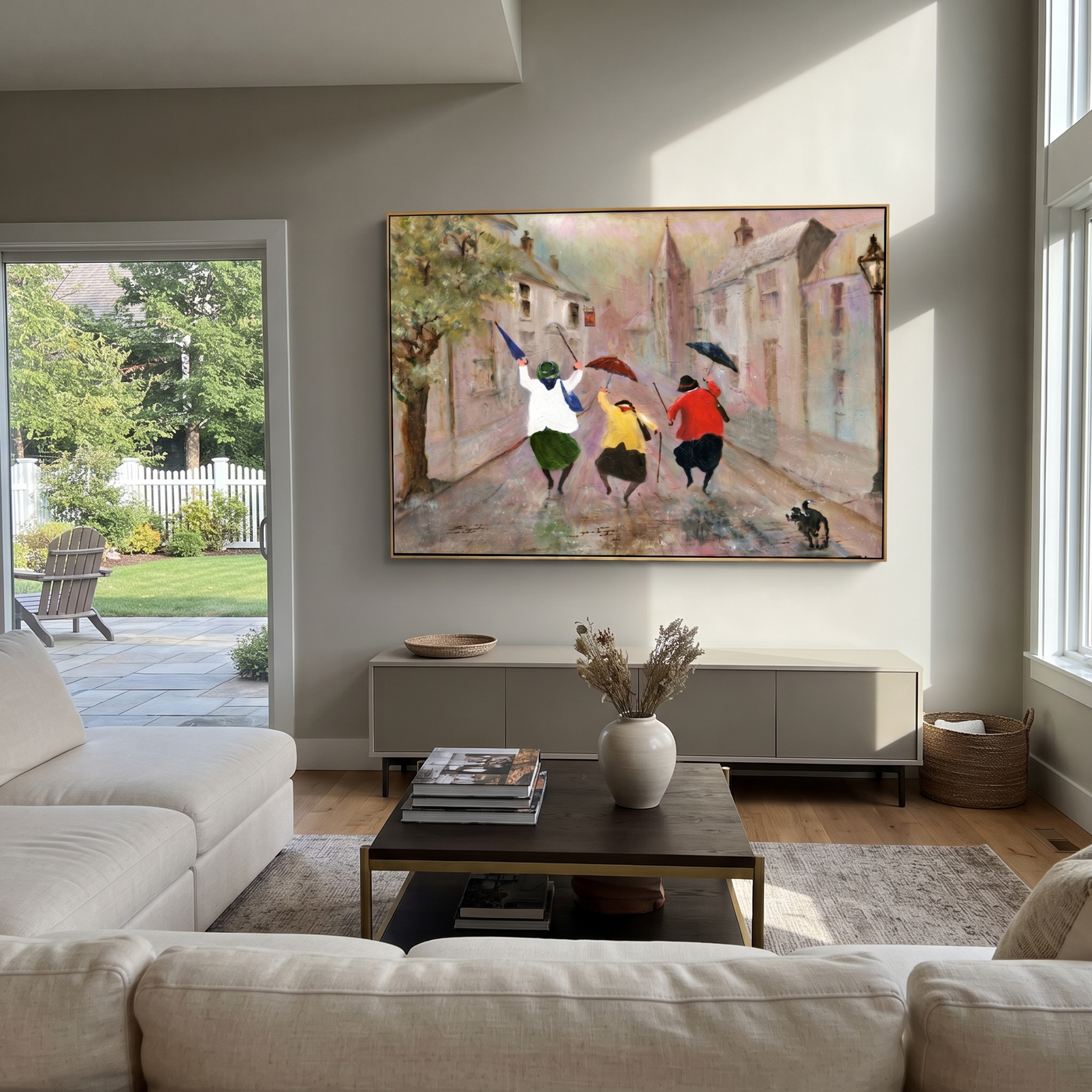Umbrellas Break the Rain - joyful rainy street trio painting by Hannah Brooks, minimalist figurative horizontal wall art – styled room scene view 1