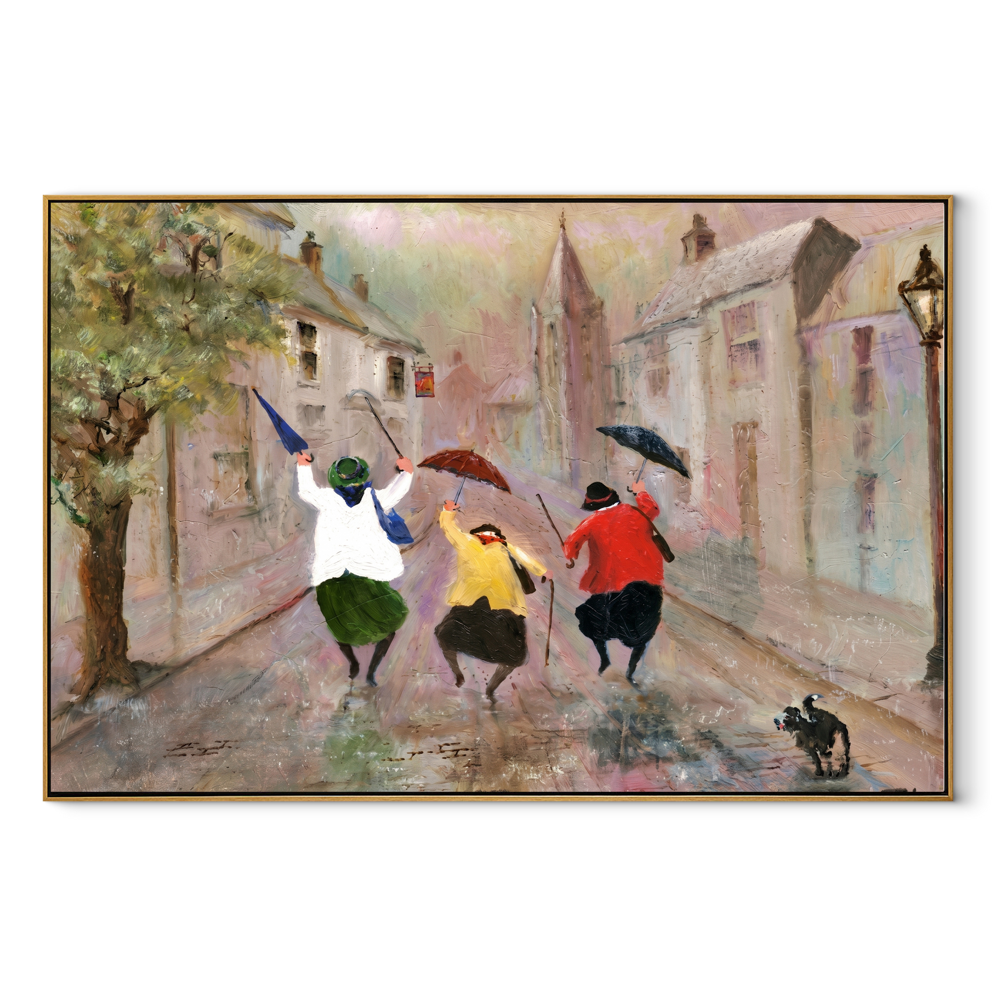 Umbrellas Break the Rain - joyful rainy street trio painting by Hannah Brooks, minimalist figurative horizontal wall art – wood frame on white background