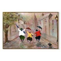 Umbrellas Break the Rain - joyful rainy street trio painting by Hannah Brooks, minimalist figurative horizontal wall art – wood frame on white background