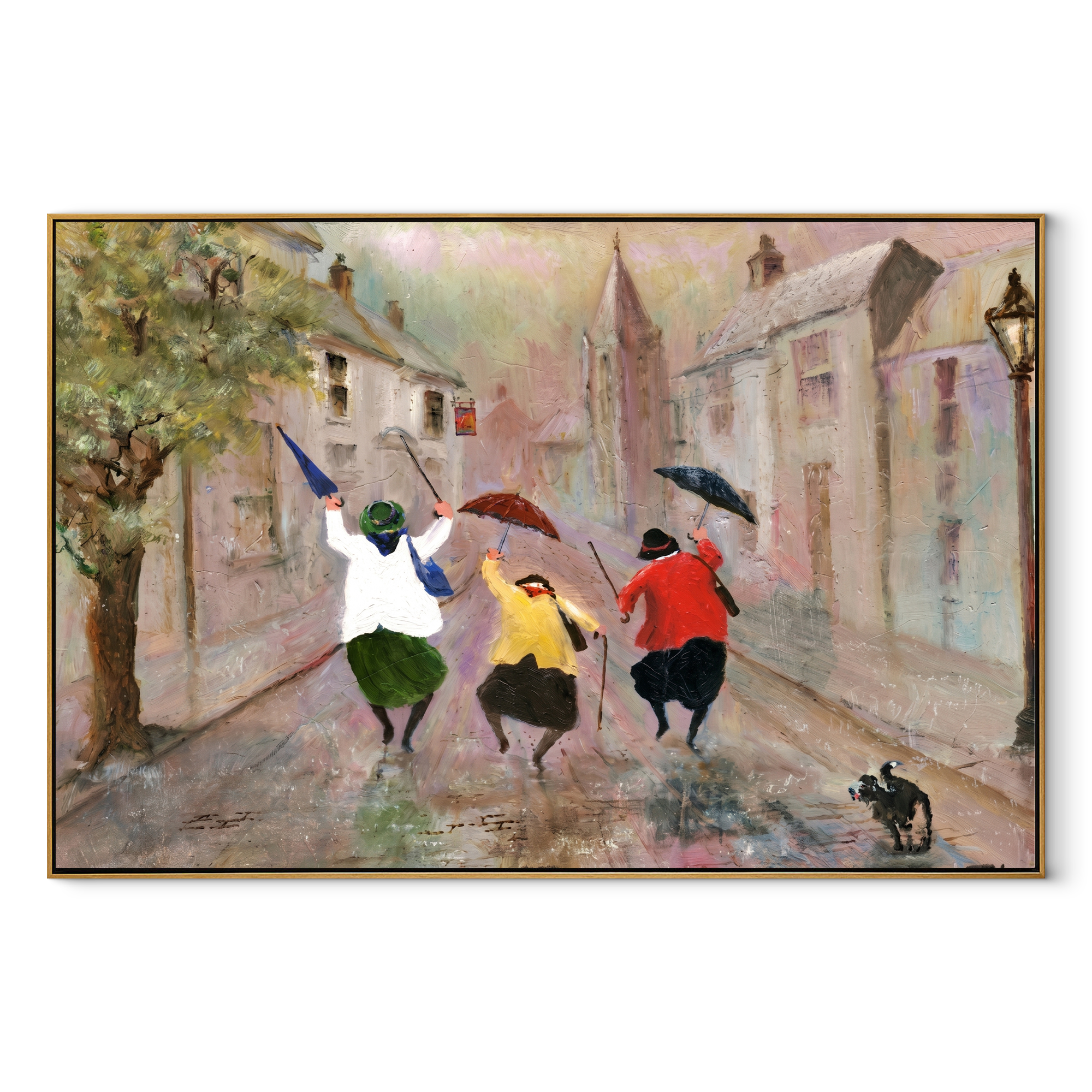 Umbrellas Break the Rain - joyful rainy street trio painting by Hannah Brooks, minimalist figurative horizontal wall art – wood frame on white background