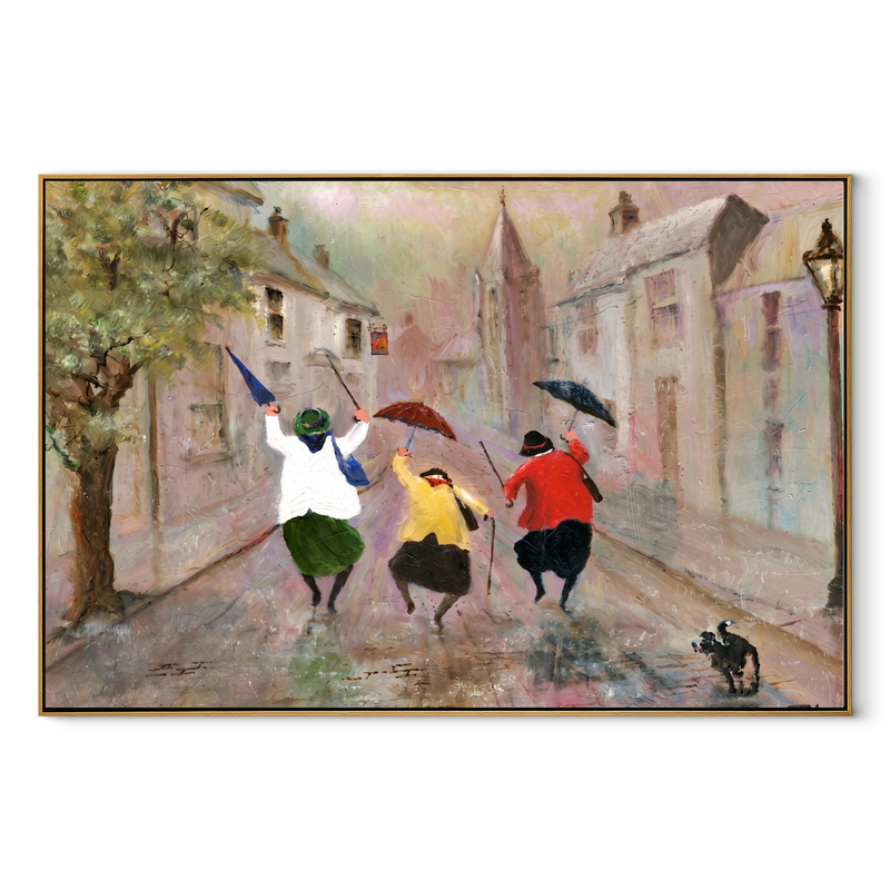 Umbrellas Break the Rain - Joyful Rainy Street Trio Painting | Minimalist Figurative Horizontal Wall Art