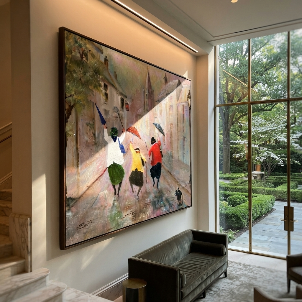 Umbrellas Break the Rain - joyful rainy street trio painting by Hannah Brooks, minimalist figurative horizontal wall art – styled room scene view 2