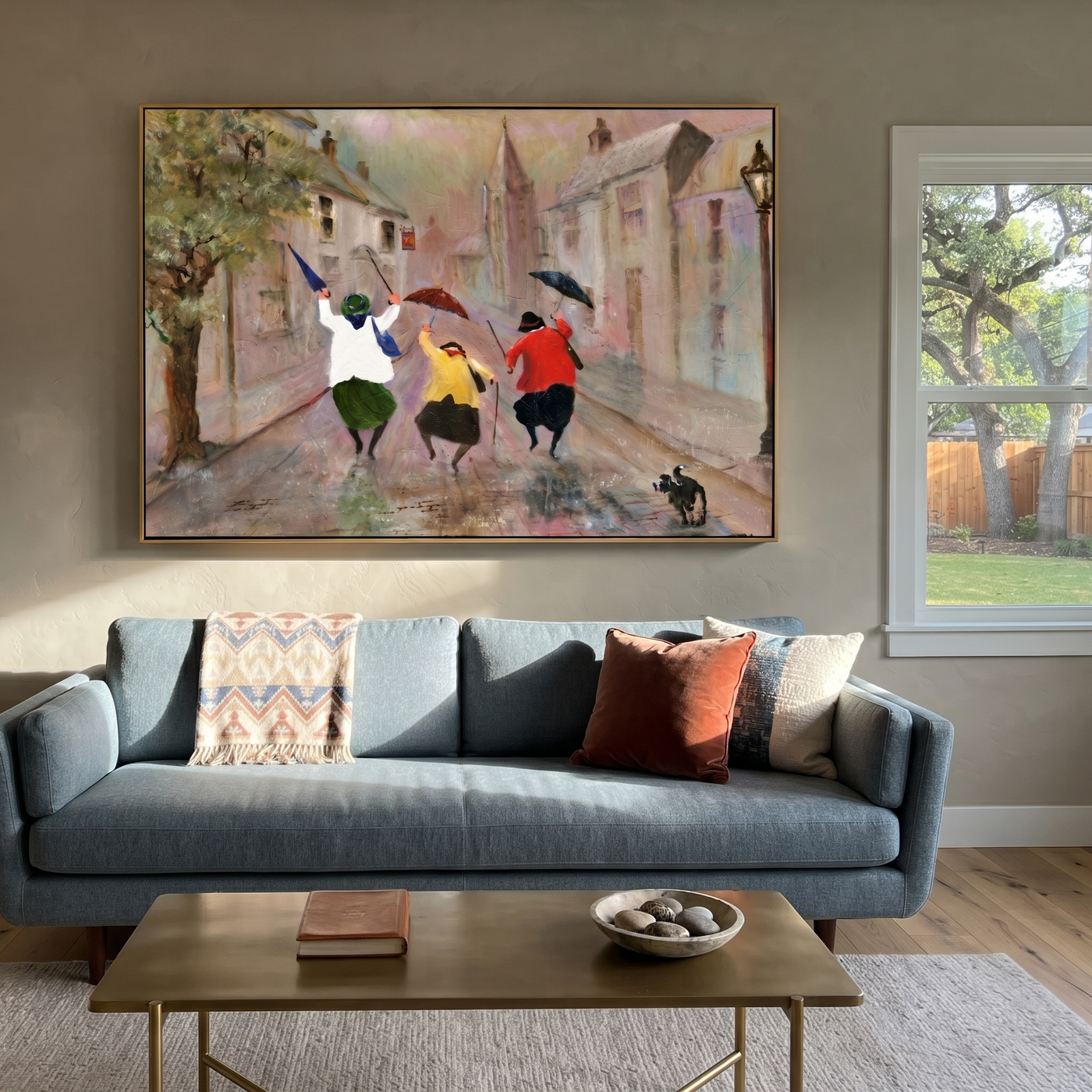 Umbrellas Break the Rain - joyful rainy street trio painting by Hannah Brooks, minimalist figurative horizontal wall art – styled room scene view 3