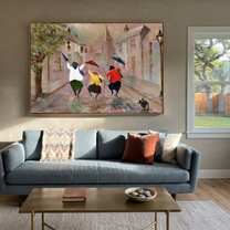 Umbrellas Break the Rain - joyful rainy street trio painting by Hannah Brooks, minimalist figurative horizontal wall art – styled room scene view 3