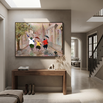 Umbrellas Break the Rain - joyful rainy street trio painting by Hannah Brooks, minimalist figurative horizontal wall art – styled room scene view 4